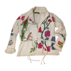 Oilily Cream and Multicolor Floral Knitted Wool Blend Cardigan